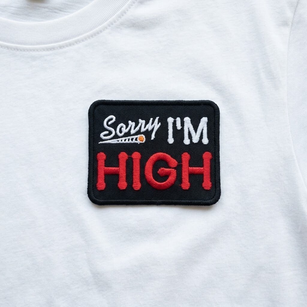 Надпис „Sorry I’m High“ върху гърдите на бяла тениска