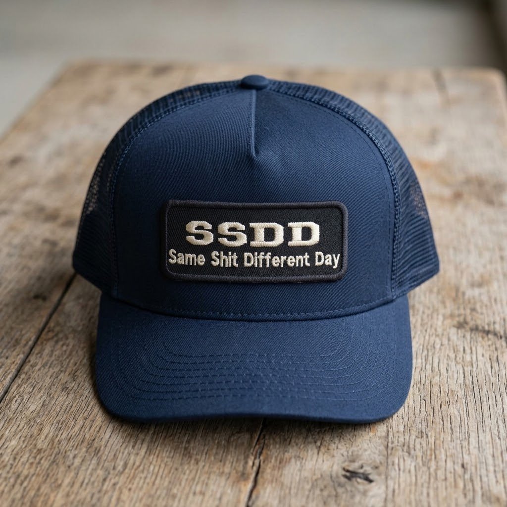 Patch SSDD sulla parte anteriore di un cappellino da camionista blu navy