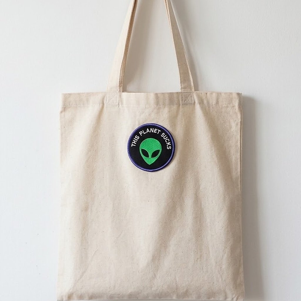 Tessera “This Planet Sucks” su una borsa di tela