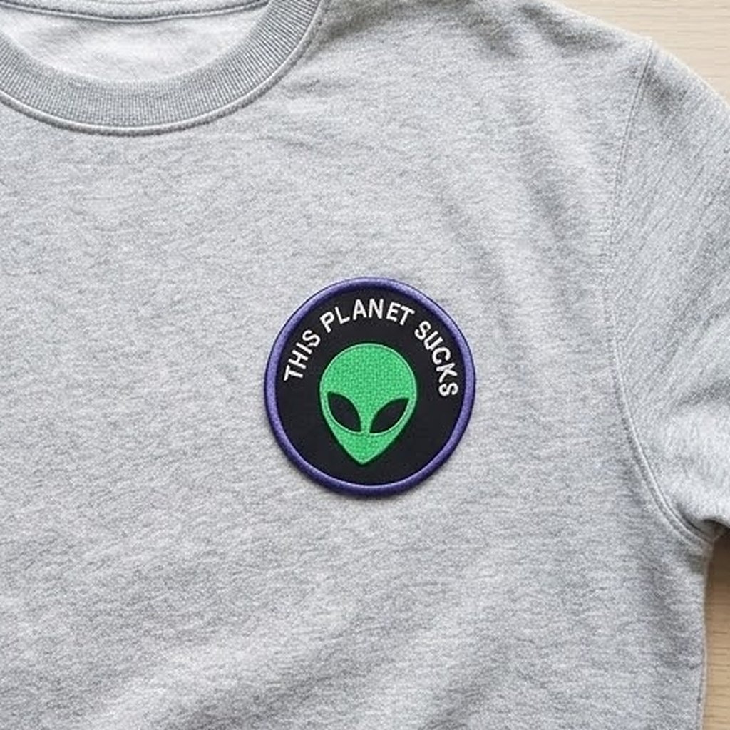 Tessera con la scritta “This Planet Sucks” su una felpa grigia