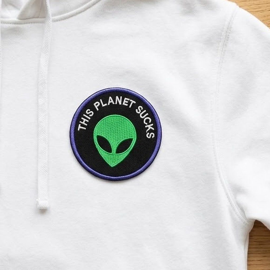 Tessera “This Planet Sucks” su una felpa con cappuccio bianca