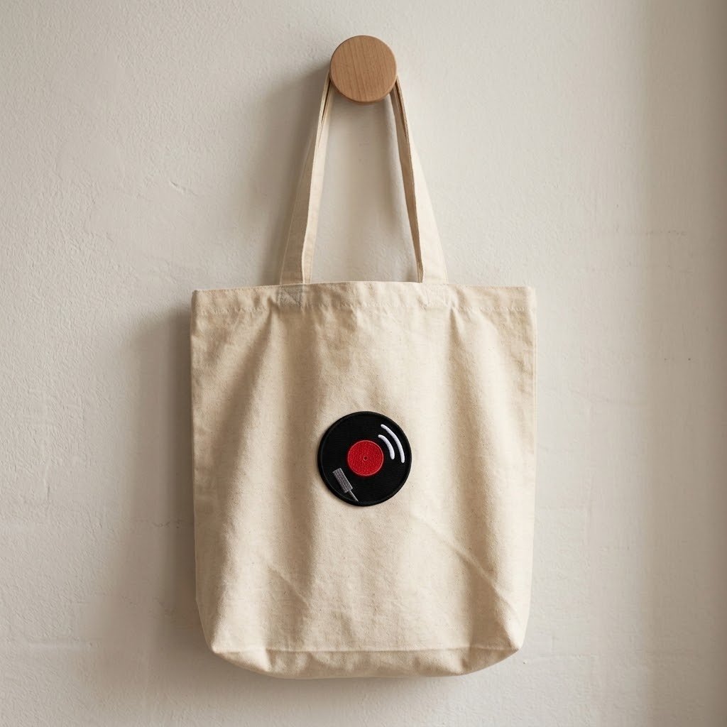 Vinyl record patch on a canvas tote bag