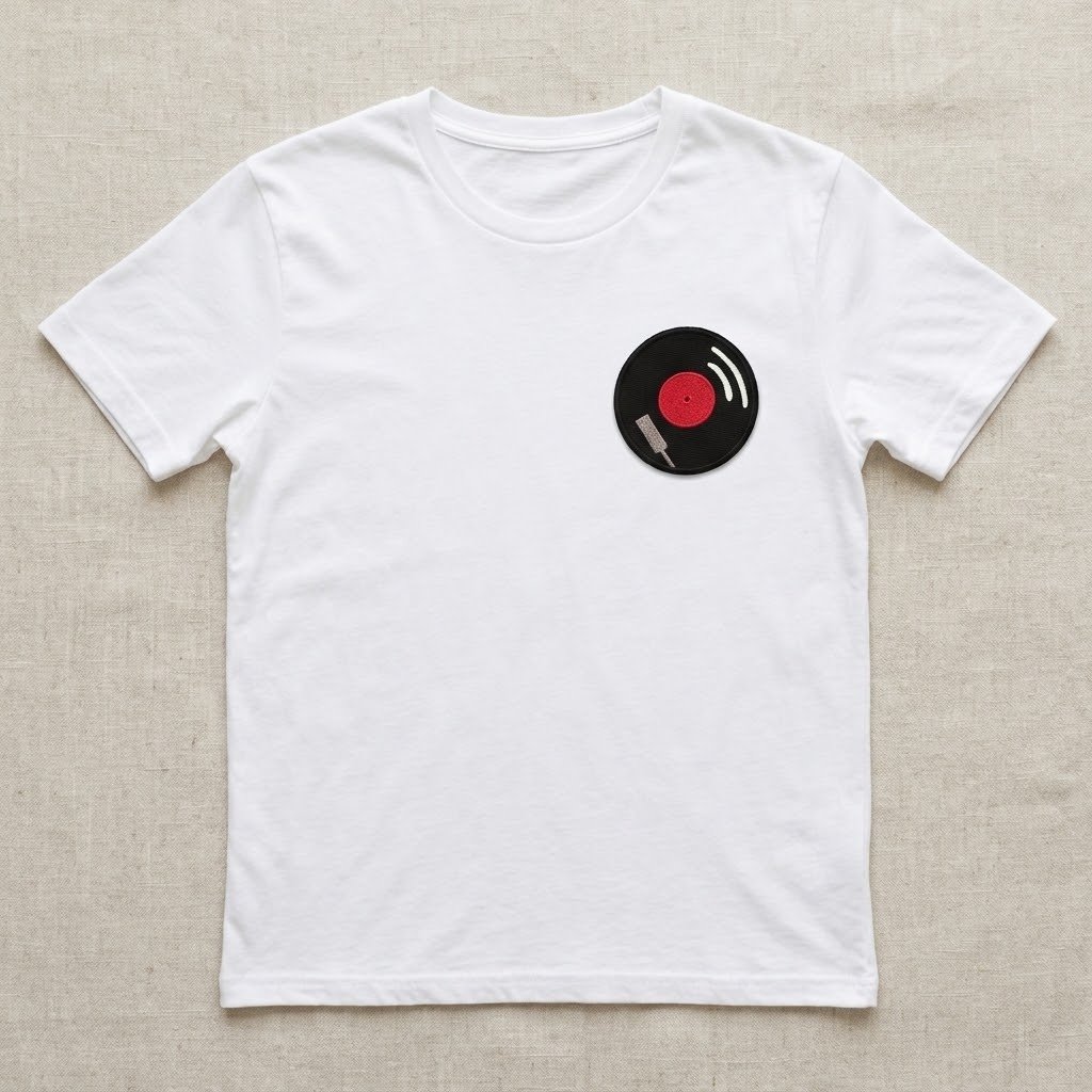 Vinyl record patch on a white t-shirt